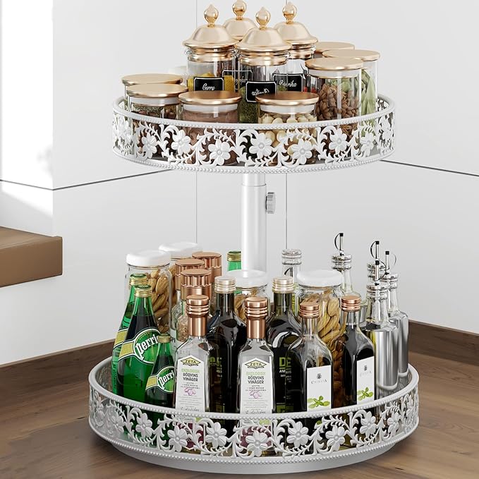 2 Tier Lazy Susan Organizer Turntable Adjustable,12 Inch Two Tier Lazy Susan Metal Easy Assembly Cleaning, Rotating Spice Rack Organizer for Cabinet Dining Table Kitchen Countertop White-NeatNest