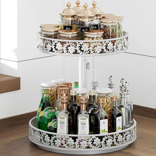 2 Tier Lazy Susan Organizer Turntable Adjustable,12 Inch Two Tier Lazy Susan Metal Easy Assembly Cleaning, Rotating Spice Rack Organizer for Cabinet Dining Table Kitchen Countertop White-NeatNest