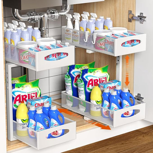 Under Sink Organizer, 2 Tier Metal Pull Out Under Sink Storage with Sliding Mesh Drawers, Height Adjustable Slide Out Under Sink Organizer for Kitchen Bathroom Cabinet, 2 Pack, White-NeatNest