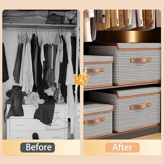 Tuza 4 Pack Storage Bins with Lids, Collapsible Closet Organizer Container, Fabric Organizer Box with Handles, Decorative Storage Boxes with Lids for Organizing Clothes, Books, Light Grey, Large-NeatNest