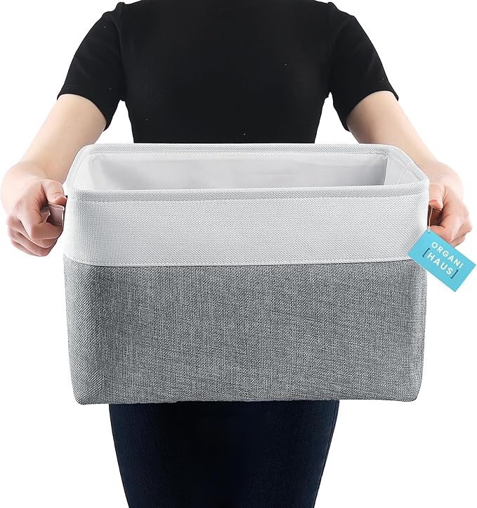 OrganiHaus Extra Large Fabric Storage Baskets for Shelves 3 Pack | 16x13in Closet Storage Bins for Shelves | Cloth Baskets for Organizing | Linen Closet Organizers | Fabric Storage Bin - Gray/White-NeatNest