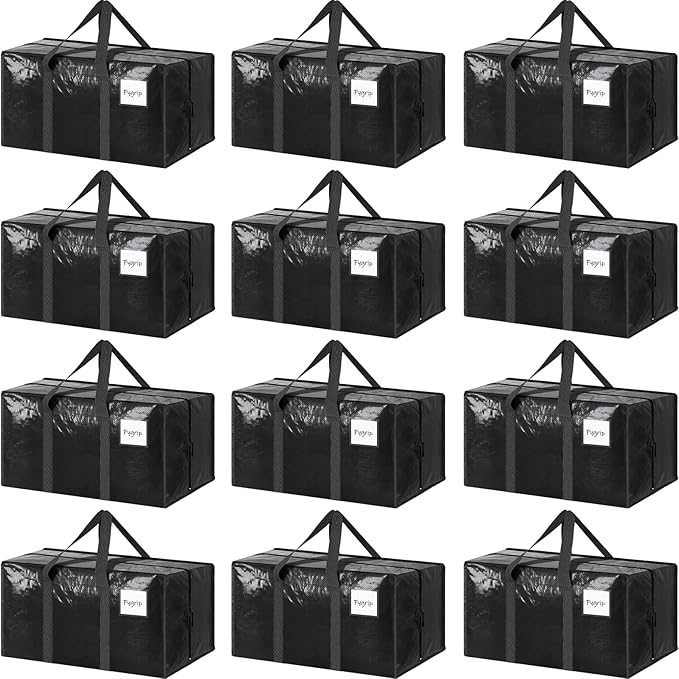 12 Pack Extra Heavy Duty Large Moving Bags with Strong Zipper & Comfortable Handles, Sturdy & Durable Clothes Storage Bags Totes Bins, Packing Moving Boxes for College Supplies, Black-NeatNest