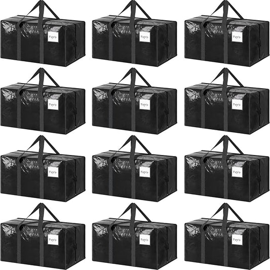 12 Pack Extra Heavy Duty Large Moving Bags with Strong Zipper & Comfortable Handles, Sturdy & Durable Clothes Storage Bags Totes Bins, Packing Moving Boxes for College Supplies, Black-NeatNest
