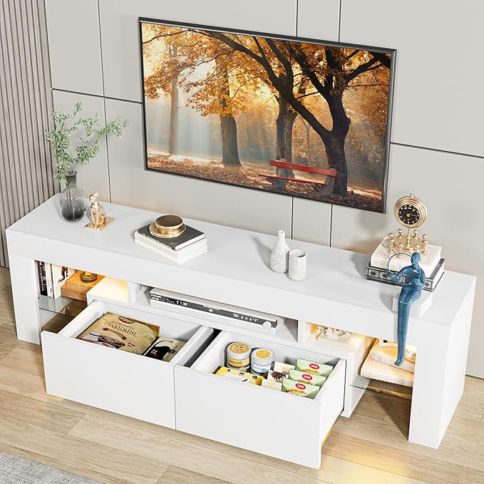 JUMMICO TV Stand, Modern Lighting TV Cabinet Entertainment Center Media and Open Shelf, TV Console Table with 1 Drawer and Remote Control, 20 Color LED Lights up to 70 Inch TV (White)-NeatNest