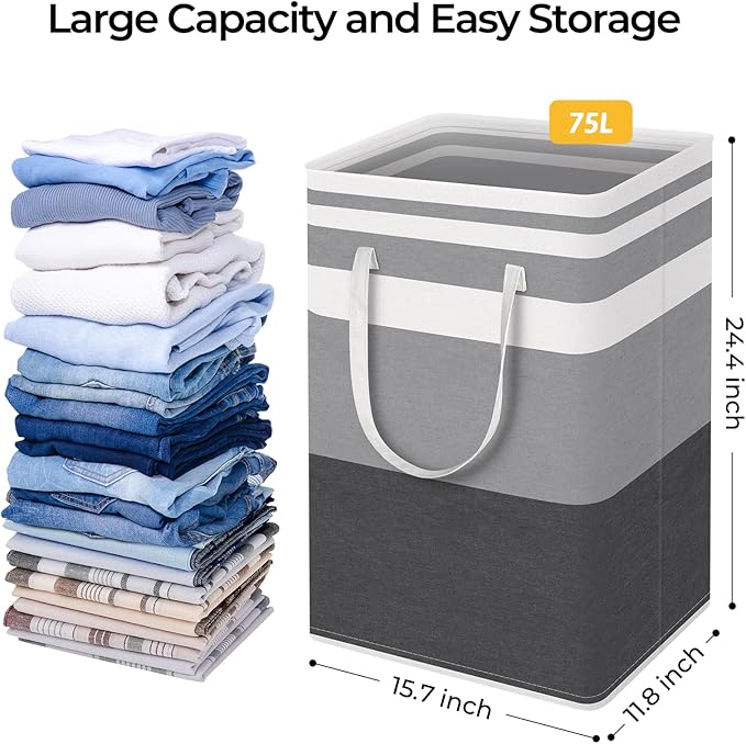 HomeHacks 2 Pack Large Laundry Baskets, Waterproof, Freestanding Laundry Hampers, Collapsible Clothes Hamper with Reinforced Handles in Laundry, College Dorm, Bathroom, Bedroom (Grey+Blue, 75Lx2)-NeatNest