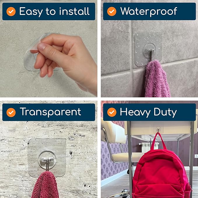 GLUIT Adhesive Wall Hooks for Hanging Heavy Duty 22 lbs Hooks for Walls No Damage, Towel Sticky Clear Hooks, Waterproof, Home, Bathroom, Kitchen, Office, and Outdoor, 40 Pack