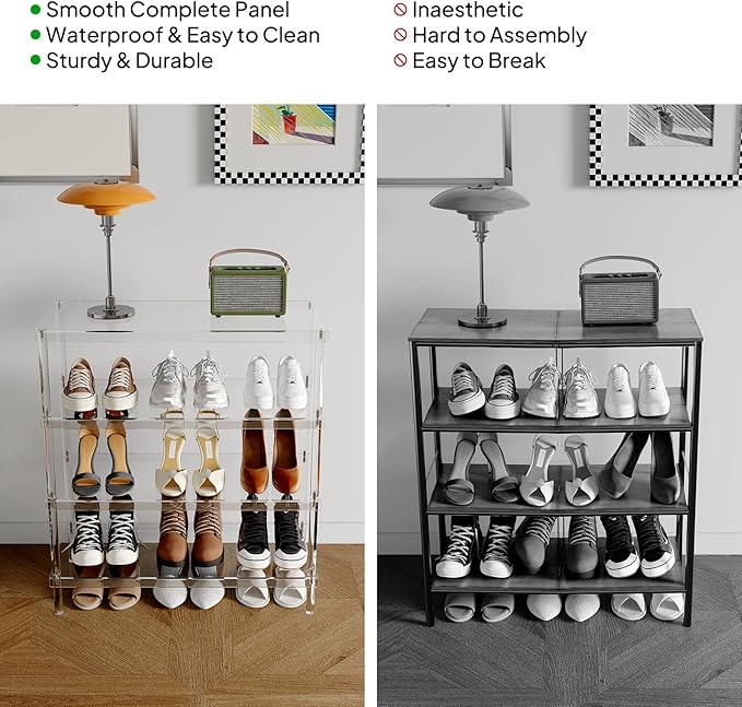 Aquiver 4-Tier Acrylic Shoe Rack - Shoe Rack Organizer - Modern Shoe Storage Shelf, Holds 12-16 Pairs of Shoes for Entryway, Closet - 25.6'' L x 11.8'' W x 28.3'' H, Clear, Easy Assembly & Clean-NeatNest