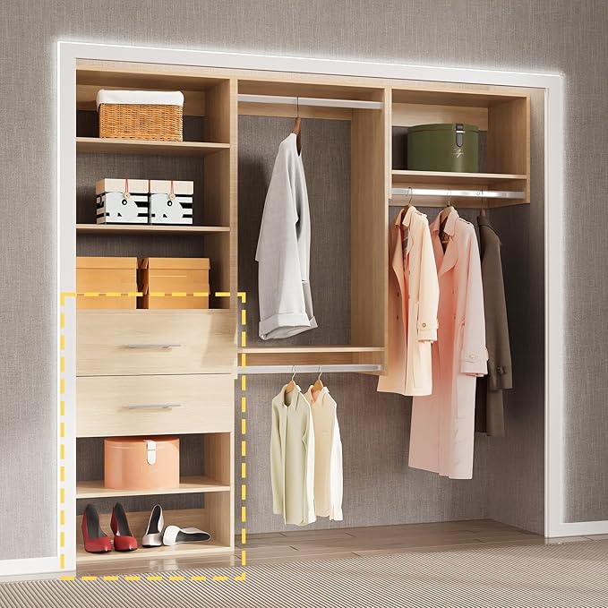 2 Drawer Short Tower Closet Unit, Modular Closet System, Wood Closet System Organizer with Storage for Walk In Closets, Clothing Rack Closet for Hanging Clothes, Bedroom, Wood, 25.5"W