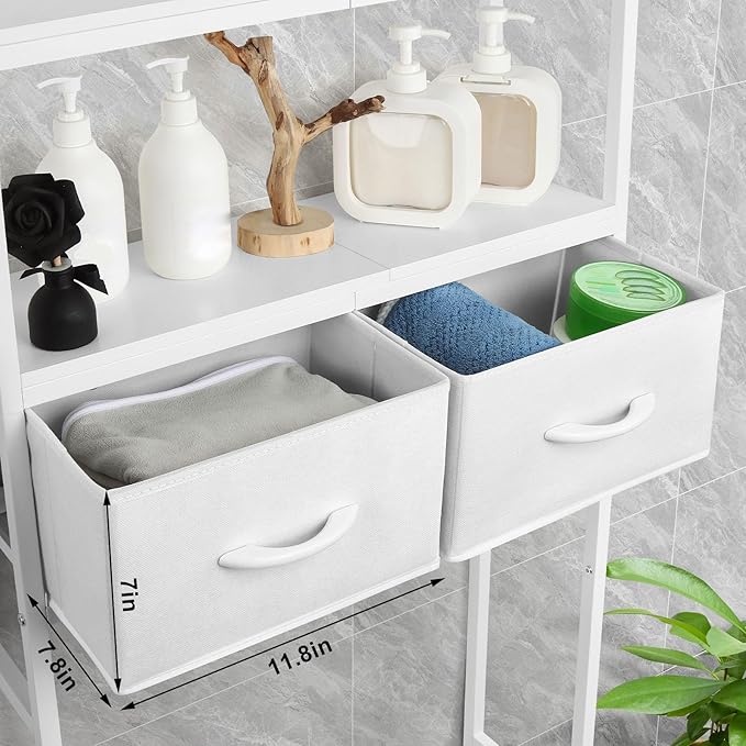 ETELI Over The Toilet Storage Cabinet with Fabric Drawers 3-Tier Over Toilet Bathroom Organizer Behind Toilet Bathroom Shelf Organizer with 4 Hooks Freestanding Bathroom Space Saver White