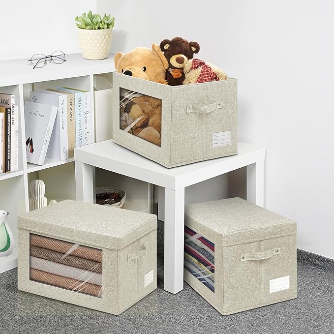 3-Pack Fabric Storage Bins with Lids, Foldable Storage Boxes with Handles & Clear Window, Closet Organizers for Clothes, Books (Beige, 3PCS/14.9 x 9.8 x 9.8 in)-NeatNest