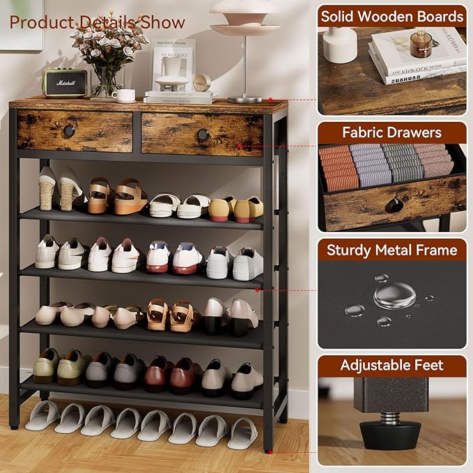 IBUYKE 5 Tier Shoe Rack, Metal Shoe Storage Organizer with 2 Drawers, Shoe Storage Rack for 12-16 Pairs of Shoes, Modern Shoe Stand with Fabric Shelf for Entryway Closet Bedroom, Rustic Brown TXJ040H-NeatNest