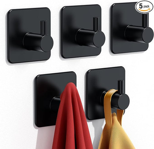 Adhesive Hooks Heavy Duty 30lb(Max) Wall Hooks, 5 Pack Self Adhesive Damage Free Towel Rack, Stainless Steel for Coat Robe, Waterproof Oilproof Rustproof for Bathroom Shower Kitchen Office