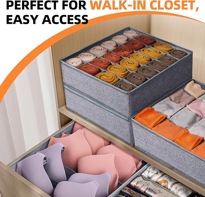Criusia 6 Pack Large Drawer Organizer for Sock Underwear - Washable Heavy Duty Fabric Closet Organizers and Storage Bins - 90 Cells Dresser Organizer Divider for Baby Clothes, Ties, Belt (Grey)-NeatNest