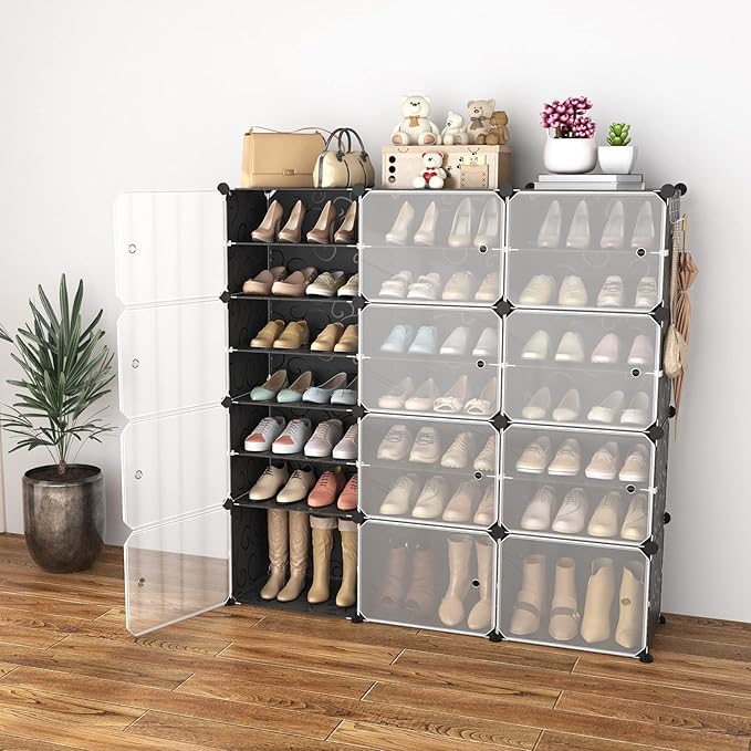 Portable Shoe Rack Organizer with Door, 48 Pairs Shoe Storage Cabinet Easy Assembly, Plastic Adjustable Shoe Organizer Stackable Detachable Free Standing Shoe Rack DIY Expandable 8 Tier Black-NeatNest