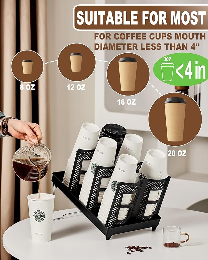 Coffee Cup Holder,Cup and Lid Dispenser with Stand,Disposable Cups Organizer,6 Slots,for Coffee Station,Bar,Office,Home,Restaurant,Breakroom,Countertop-NeatNest