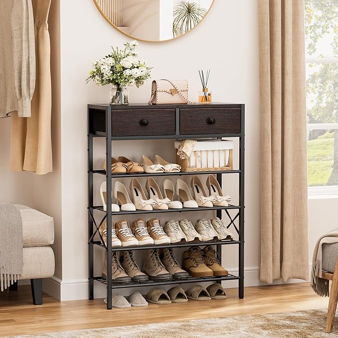 Shoe Rack for Entryway, 5 Tier Shoe Organizer with 2 Non-Woven Drawers, Metal Storage Shoe Shelf for 16-20 Pairs of Shoes, with Wooden Top and Steel Frame, Shoe Stand for Closet Dark Brown-NeatNest