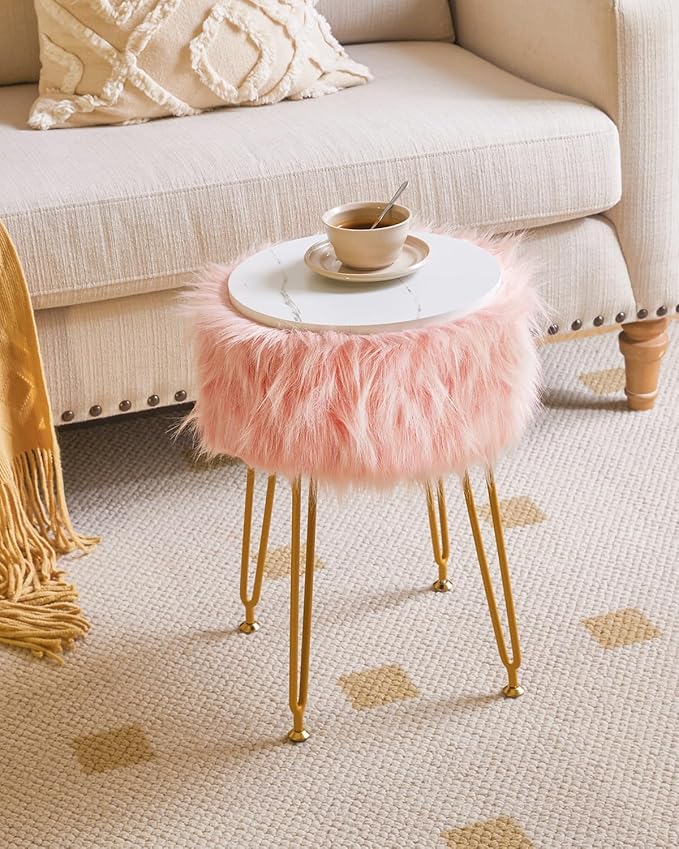 IBUYKE Round Faux Fur Vanity Stool with Storage, Furry Makeup Chair Ottoman, Soft Padded Seat, Round Footrest Footstools with 4 Metal Legs, for Living Room Bedroom Entryway, Pink WBD021P