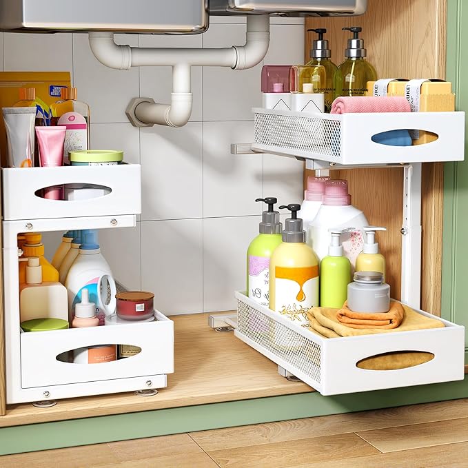 Under Sink Organizer, 2 Pack 2 Tier Pull out Cabinet Organizer Baskets with Mesh Sliding Drawers, Slide out Sink Storage Shelves for Kitchen, Bathroom, Pantry, Cabinet Organizers and Storage(White)-NeatNest