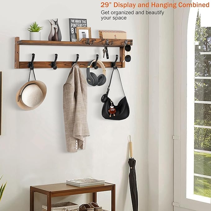 29'' Coat Rack Wall Mount with Shelf, Coat Hanger Wall Mount with Key Hooks and Mail Holder, Wood Entryway Floating Shelf with Hooks and Storage, Hat Rack for Wall Key Holder Mail Organizer