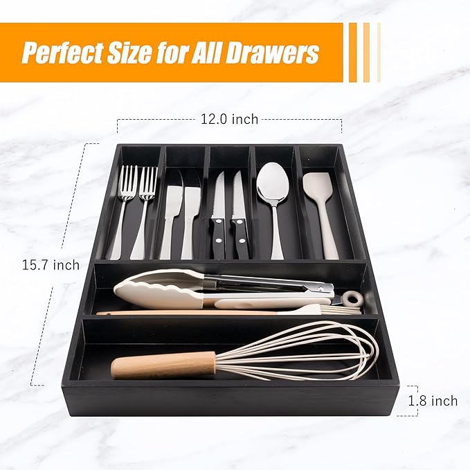 Bellsal Bamboo Silverware Drawer Organizer, Utensil Kitchen Drawer Organizer, Utensil Holder Cutlery Tray with Grooved Drawer Dividers for Kitchen Utensils and Flatware Bedroom Office (7 Slot, Black)-NeatNest