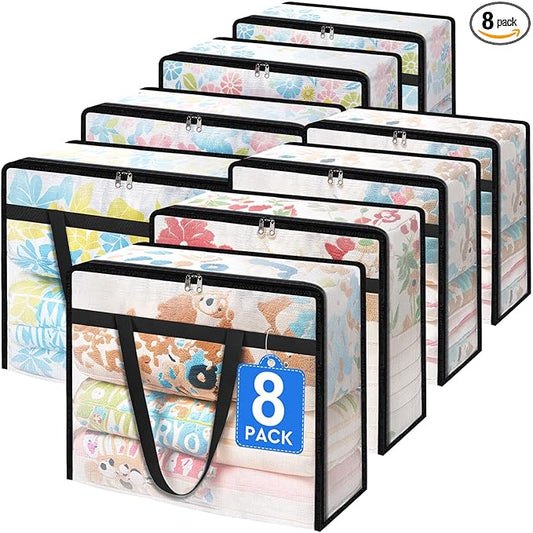 8 Pack Clear Storage Bags for Comforter, Clothes & Bedding, Plastic Blanket Storage with Zipper and Handle, Moving Bags, Closet Organizer and Under-Bed Storage (90L)-NeatNest
