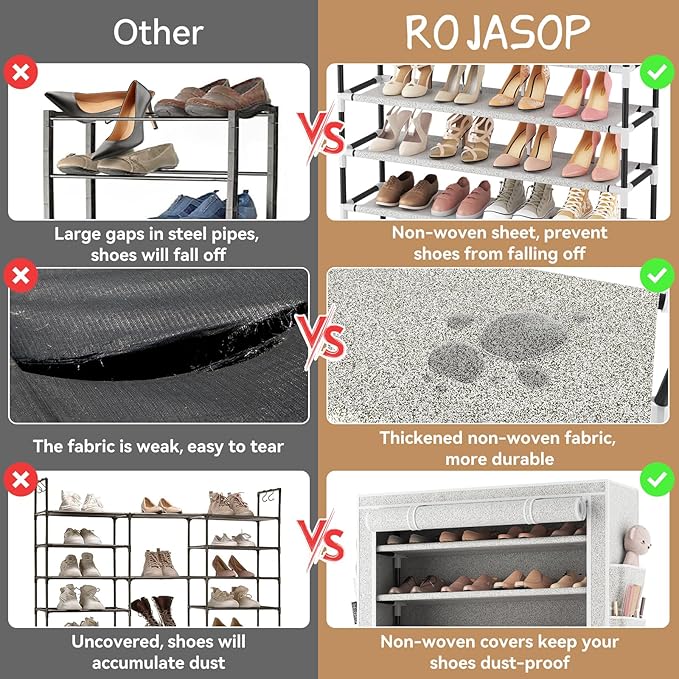 ROJASOP 10 Tier Shoe Rack with Covers Large Capacity Stackable Tall Shoe Shelf Storage for 50-55 Pairs Shoe and Boot, Sturdy Free Standing Shoe Rack Organizer for Closet, Entryway, Bedroom-NeatNest