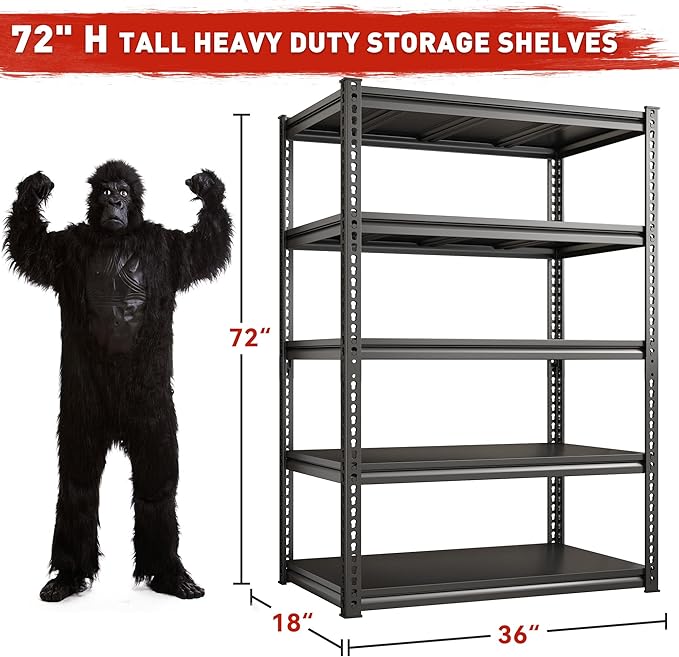 REIBII 72" H Garage Shelving Load 2500 LBS, Heavy Duty Storage Shelves, 5-Tier Adjustable Garage Shelves for Warehouse, Basement, 72" H x36 W x18 D, Black-NeatNest