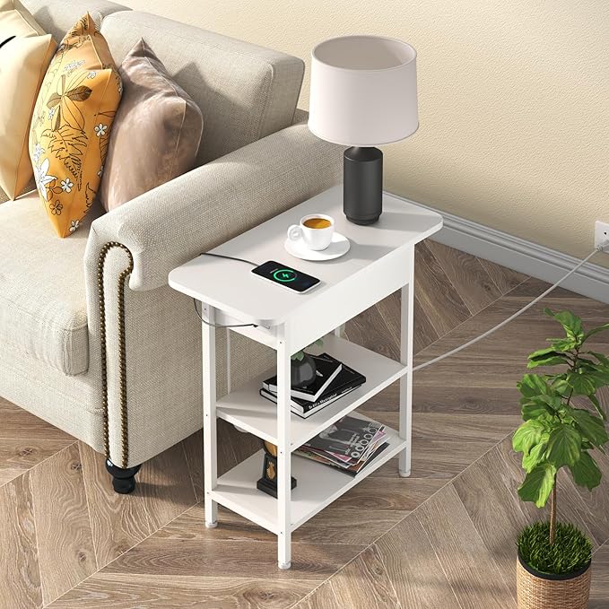 LIDYUK End Table with Charging Station, Flip Top Side Table with USB Ports and Outlets, Nightstand for Small Spaces, Bedside Tables with Storage Shelf for Living Room, Bedroom, White