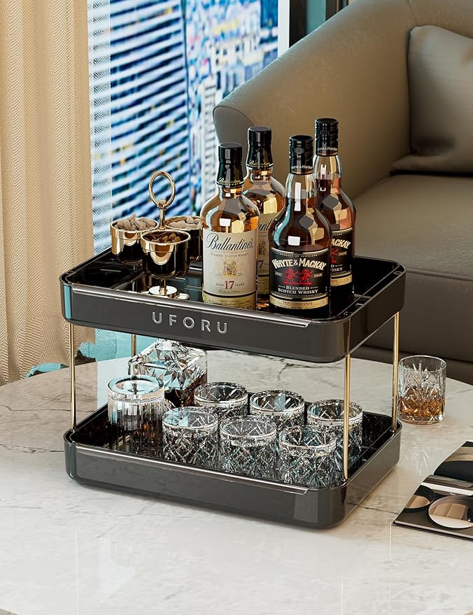 Countertop Coffee Station Organizer, 2 Tier Wine Glass Holder, Mug Display Shelf with Removable Drain Tray, Spice & condiment Rack for Kitchen, Bathroom Countertop Organizer, Black-NeatNest