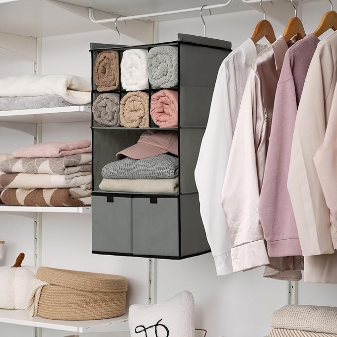 GRANNY SAYS Hanging Closet Organizer with Drawers, 4 Shelf Dividers Closet Hanging Organizer, Foldable Hanging Shelves for Wardrobe Closet, Small Closet Organizers for Clothes Shoes, Grey-NeatNest