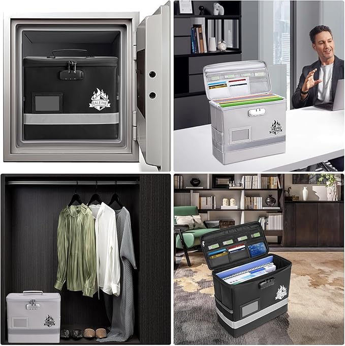 BALEINE Fireproof Document Box with Lock, Portable Fireproof Document Bag Waterproof Fire Proof File Boxes for Documents, File Organizer Box for Important Paperwork (Silver, 12.5''x10.5''x6'')