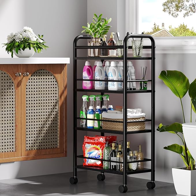 Slim Storage Cart, 4 Tier Small Rolling Bathroom cart Metal and Wood Skinny Utility Cart on Wheels for Narrow Kitchen Laundry Room Black