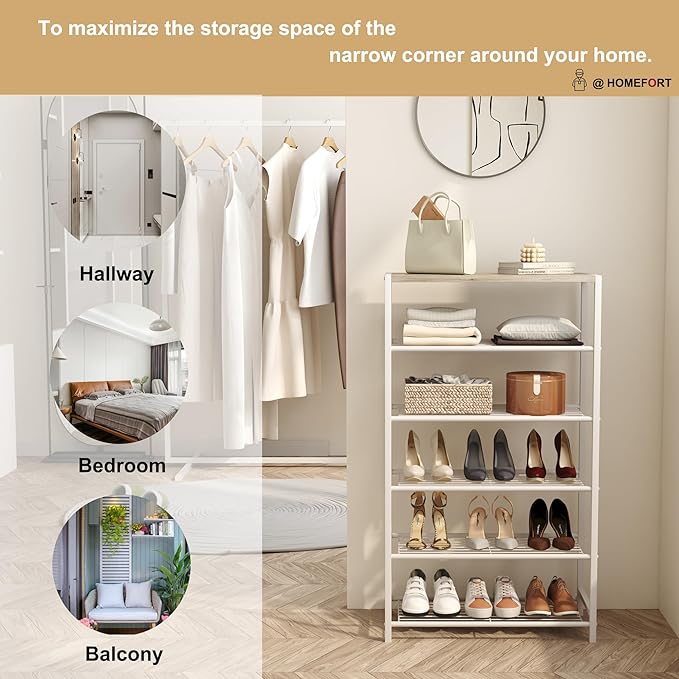 HOMEFORT Shoe Rack 6-Tier, Shoe Storage Shelf, Industrial Shoe Tower, Narrow Shoe Organizer for Closet Entryway, Small Shoe Rack Table with Durable Metal Shelves,White Oak-NeatNest