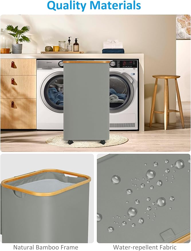 efluky Laundry Basket with Wheels, Tall Rolling Laundry Hamper with Lid and Removable Bag, Aesthetic Dirty Clothes Hamper on Wheels for Laundry Room, Bedroom, Dorm and Bathroom, 100L Grey-NeatNest