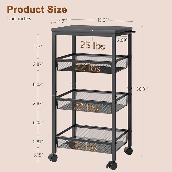 Hoctieon Rolling Storage Cart, 4-Tier Wide Panel Rolling Kitchen Storage Cart, Utility Cart with Handle & Wheels, Mobile Shelving Unit, Metal Frame Narrow Cart for Home Kitchen, Laundry, Black