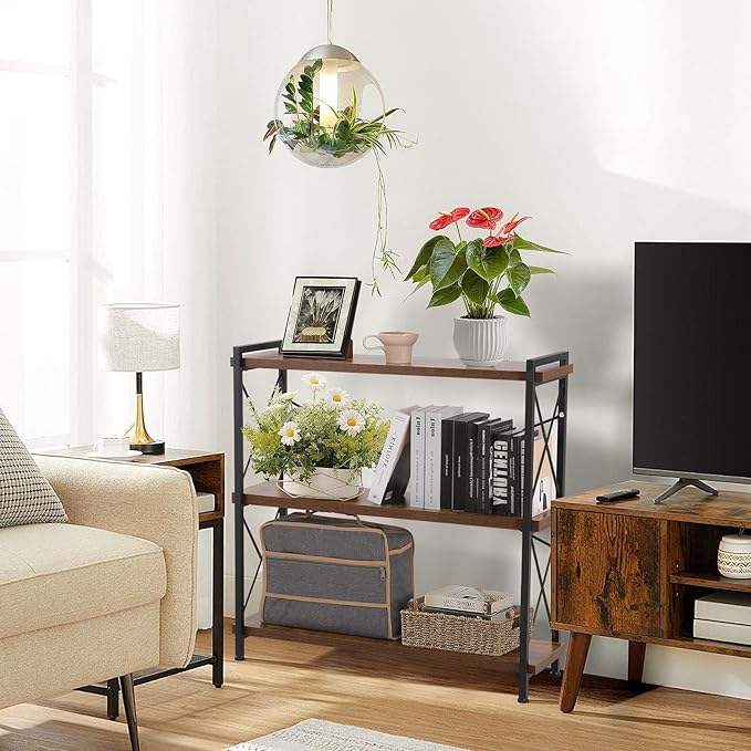 3 Tier Bookshelf, Open 3 Shelf Short Bookcase, Rustic Shelves with Metal Frame, Industrial Book Shelf for Bedroom Home Office Living Room, Rustic Brown