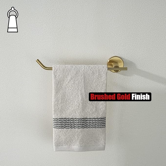 JQK Brass Gold Hand Towel Bar, Stainless Steel Towel Ring for Bathroom, 9 Inch Necklace Holder Brushed Golden Wall Mount Left Hand, TR101-BG