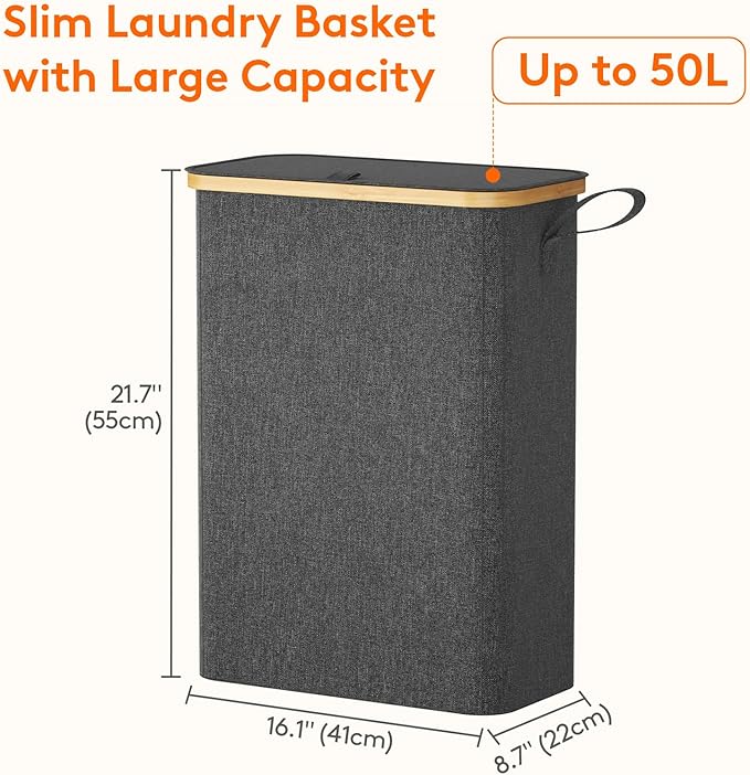 Lifewit 50L Slim Laundry Hamper with Lid, Narrow Laundry Basket with Removable Bag & Bamboo Handles, Fodable Thin Dirty Clothes Hamper for Laundry Collapsible Bin for Bathroom Bedroom Dorm, Dark Gray-NeatNest