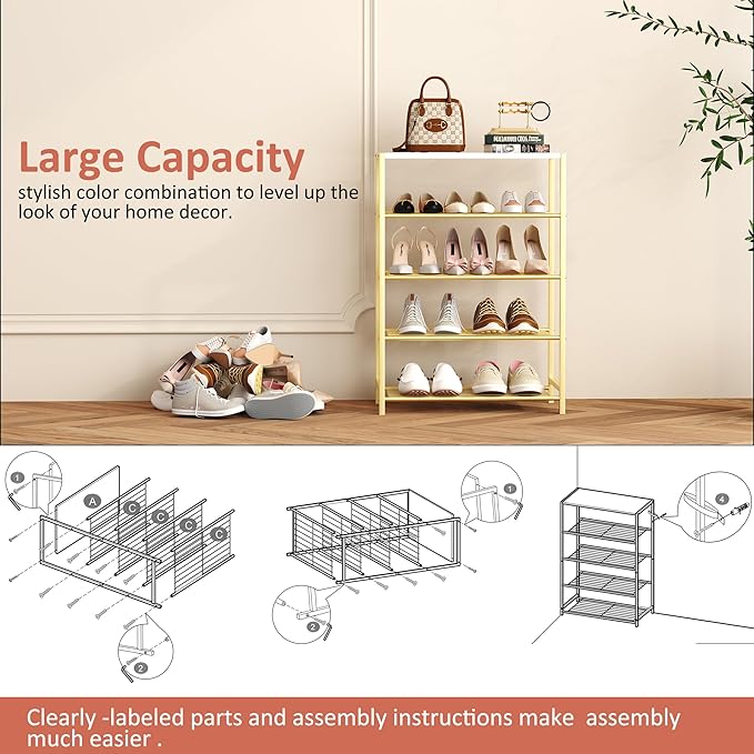 HOMEFORT 5-Tier Shoe Rack, Shoe Storage Shelf, Industrial Shoe Tower, Narrow Shoe Organizer for Closet Entryway, Small Shoe Rack Table with Durable Metal Shelves, Gold-NeatNest