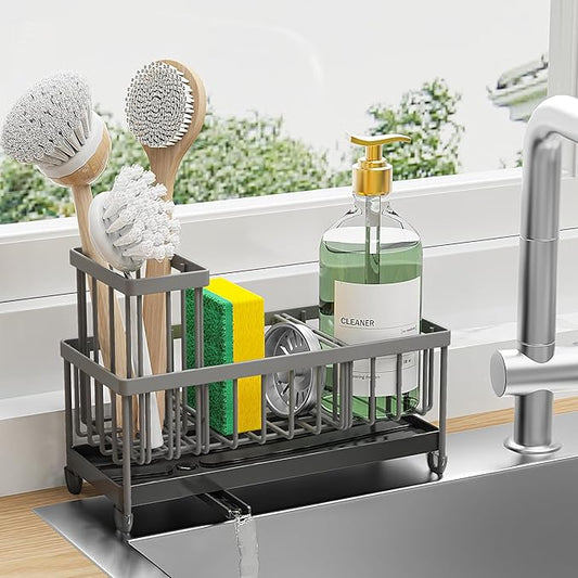Cisily Charcoal Gray Sponge Holder for Kitchen Sink, Sink Caddy Organizer with High Brush Holder, Kitchen Countertop Organizers and Storage Essentials, Rustproof 304 Stainless Steel-NeatNest
