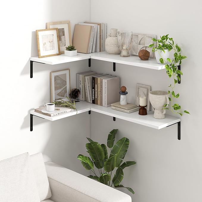 Fun Memories Deep Floating Shelves, 24W x 8D Floating Shelves Set of 2, Wall Mounted Shelf with Metal Brackets, Rustic Wood Wall Shelf for Bathroom, Kitchen and Living Room, White-NeatNest