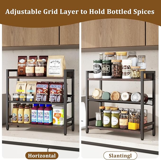 IBUYKE 3-Tier Spice Rack Industrial Counter Shelf Desktop Storage Organizer Standing Seasoning Rack for Countertop Kitchen Office Living Room Desktop Dark Grey UTLJ021G-NeatNest