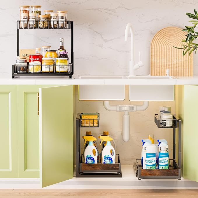 Delamu 2 Pack Under Sink Organizer and Storage, Height Adjustable Under Kitchen Sink Organizer, 2 Tier Pull Out Under Cabinet Organizer, Black Under Counter Storage for Kitchen Bathroom-NeatNest