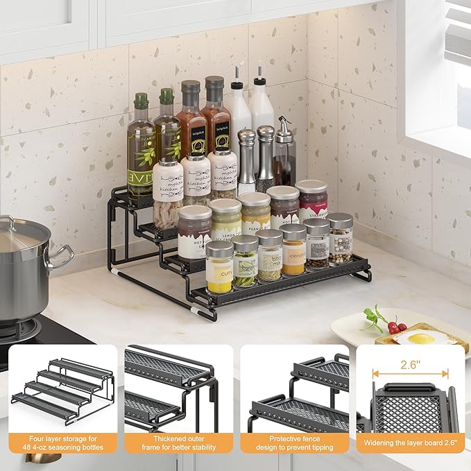 4 Tier Spice Rack Organizer for Inside Cabinet Display Riser Shelf Seasoning Organizer for Countertop Cupboard Pantry Step Storage Holder with Protection Railing (2PC Black)-NeatNest