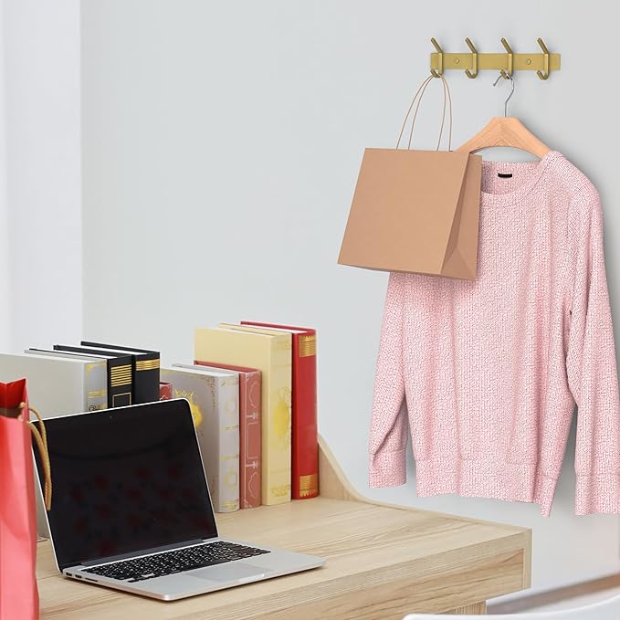 Brushed Gold Wall Mounted Coat Rack – 12 Inch Stainless Steel Rail with 4 Double Coat Hooks for Entryway, Bathroom, Bedroom, Kitchen – Modern Gold Hook Rack for Coats, Hats, Towels-NeatNest