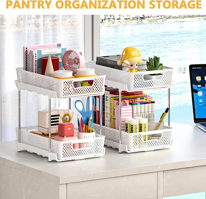 2 Pack Pull Out Bathroom Organizers and Storage, 2 Tier Stackable Under Sink Storage Organizer for Bathroom, Kitchen Cabinet, Pantry, and Medicine Holder, Organization and Storage - White-NeatNest