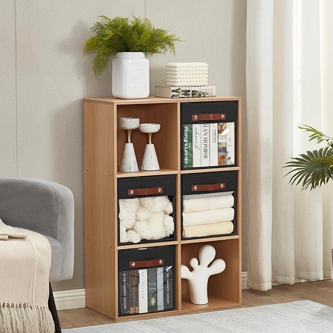 Storage Cube Organizer with Clear Window, Linen Collapsible Storage Boxes with PU Handles, Cube Storage Bins for Shelf, Closet, Cabinet, Bookcase (10.5x10.5x11, Black)-NeatNest