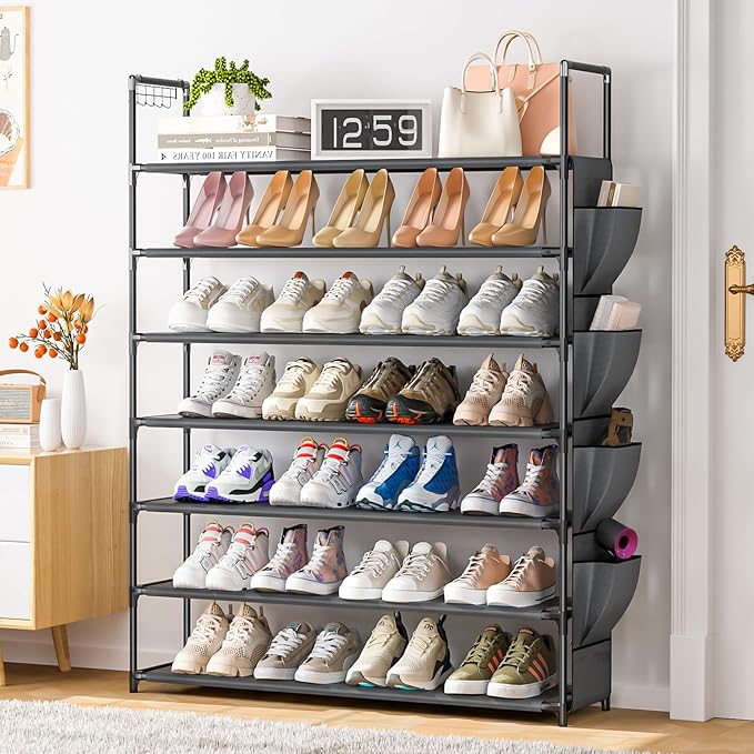 Large Capacity 7 Tier Shoe Rack, Black, 33.3in Wide x 11.2in Deep x 48.7in Tall, Holds 28-35 Pairs of Shoes, Ultra-Minimalist Style, Waterproof and Durable-NeatNest