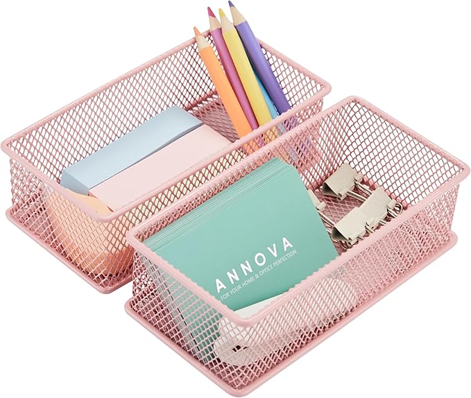 Annova Mesh Stackable Drawer Cabinet and Shelf Organizer Bins Storage Basket School Office Supply Holder Tray- Set of 2 (Light Pink, 3x6x2 Inch)-NeatNest