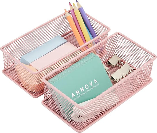 Annova Mesh Stackable Drawer Cabinet and Shelf Organizer Bins Storage Basket School Office Supply Holder Tray- Set of 2 (Light Pink, 3x6x2 Inch)-NeatNest